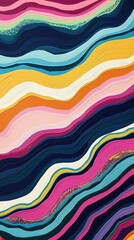 A vibrant abstract pattern featuring undulating waves of colors including pink, blue, yellow, and purple, creating a lively and dynamic visual effect.