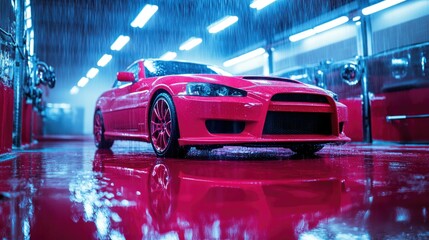 Sleek red sports car on display, exuding speed and sophistication.