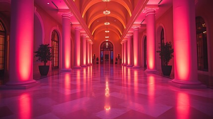 Elegant corridor with pink lighting and decorative columns, creating a vibrant ambiance