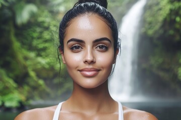 Young hispanic female in tropical waterfall setting with lush greenery