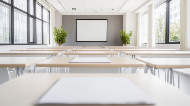 Modern classroom setup for online learning with clear workspace and natural light