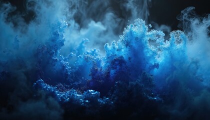 Fototapeta premium Shiny glistering blue smoke background. Glitter fluid with ink in water. Magic mist with blue color particle cloud texture on dark black abstract backdrop.