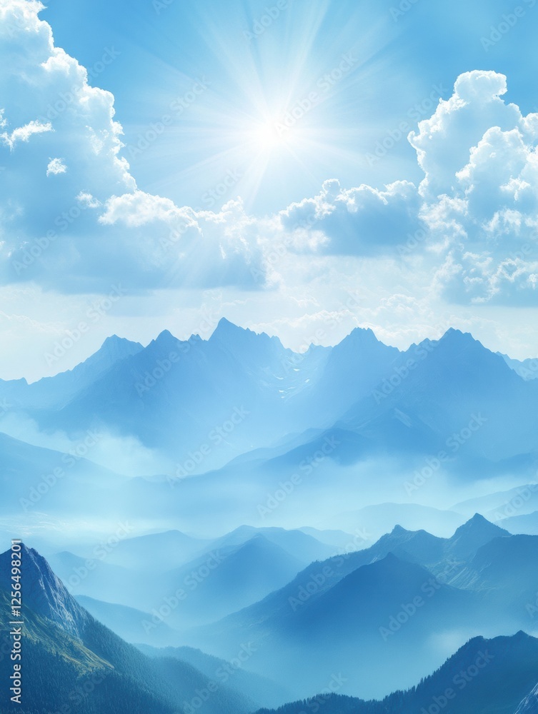 Poster majestic mountain range under soft clouds with a bright sun illuminating the sky in a tranquil lands
