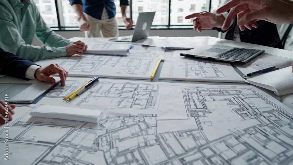 Fototapete professional architects and engineers are gathering around a table, carefully reviewing blueprints a