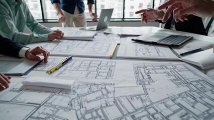 Professional architects and engineers are gathering around a table, carefully reviewing blueprints and discussing project details in a collaborative office environment