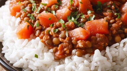 Close-up of rice with hearty lentil stew and diced tomatoes. Featuring rich lentil stew with fresh tomatoes. Emphasizing a nutritious, filling vegetarian meal.
