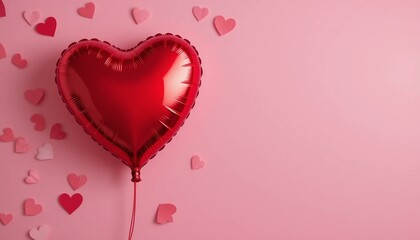 A red heart-shaped balloon on a pink Valentine's Day background. Free space for text.

