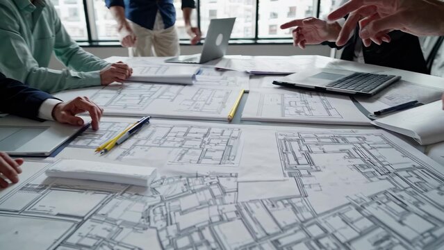 Professional architects and engineers are gathering around a table, carefully reviewing blueprints and discussing project details in a collaborative office environment