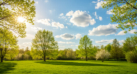 Fototapeta premium Beautiful blurred background image of spring nature with a neatly trimmed lawn surrounded by trees against a blue sky with clouds on a bright sunny day. 