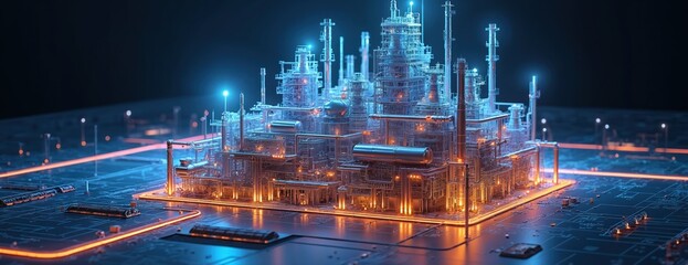 Detailed model of industrial complex with pipes, tanks, neon lights on black background. Tech blueprint with wiring elements. Facility simulation shows energy distribution with transparent,