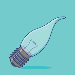 Cartoon-Style Vintage Flame Light Bulb with Broken Filament on a Bright Blue Background.
