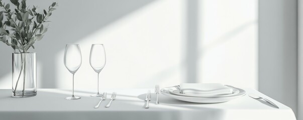 Elegant table setting with glassware and greenery in bright sunlit dining room