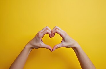 Hands making heart shape gesture isolated on yellow background. Symbol of love, friendship, support, peace. Minimal fashion concept. Romantic care, emotion, feeling, trust, charity, donation for
