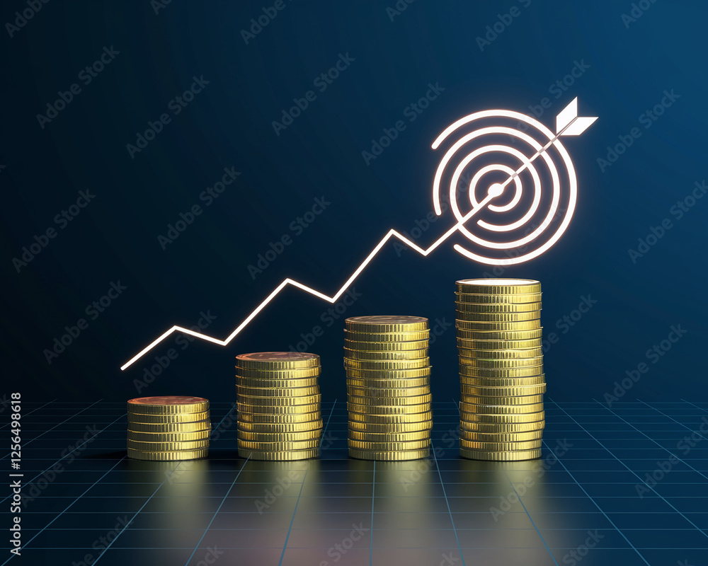 Poster A high-tech financial growth concept showing stacks of coins with an upward graph and a target symbolizing business success, investment goals, and financial progress.