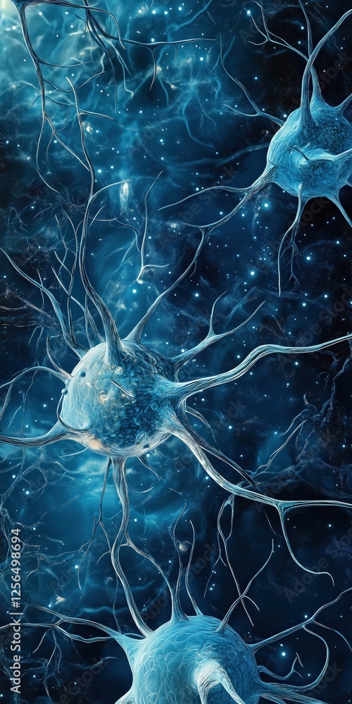 Poster detailed 3d render showcases a complex neural network with glowing connections against a celestial b