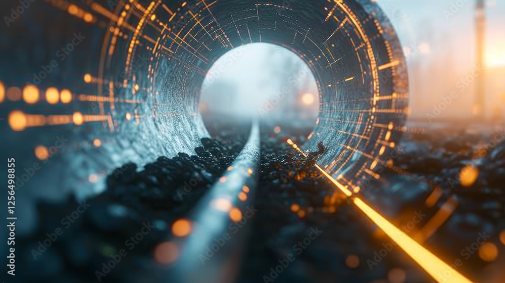 Poster futuristic tunnel featuring glowing rails and abstract digital patterns, evoking motion and technolo