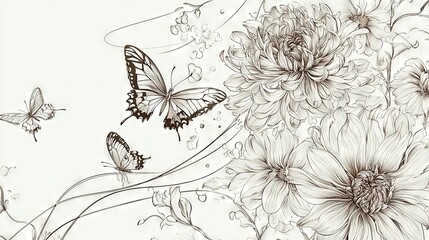 Obraz premium A sketch of several blooms with a butterfly flying above them, positioned to the right of the image