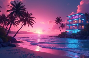 Obraz premium Tropical beach illustration with pink purple sky, palm trees silhouettes, ocean waves. Modern hotel glows neon. Summer vacation paradise, dusk scene, exotic travel destination, seaside resort.