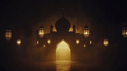 Fototapeta premium Majestic Silhouette of an Ornate Gateway Illuminated by Lanterns Surrounded by Mystic Fog for the Celebration of Eid Mubarak, Ramadan Kareem, and Muharram with Copy Space for Messages