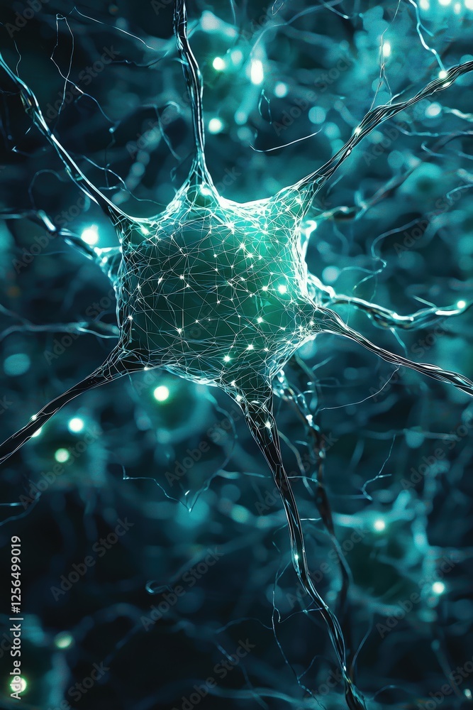 Poster a glowing neuron model showing dendrites and connections rendered in 3d. depicts cellular network an