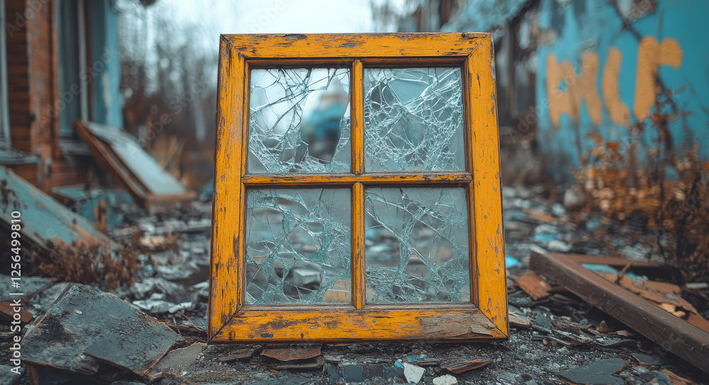Poster a yellow window with broken glass in it. the window is in a desolate area with a lot of debris
