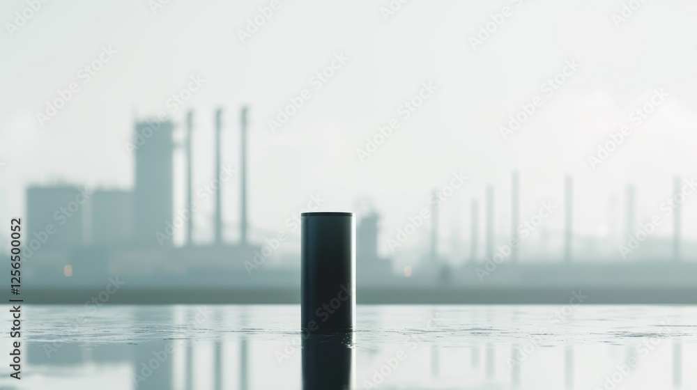 Poster a modern industrial scene featuring a silhouetted object against a hazy backdrop, reflecting on a gl