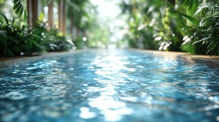 Serene indoor pool surrounded by lush greenery, reflecting sunlight, creating a tranquil atmosphere