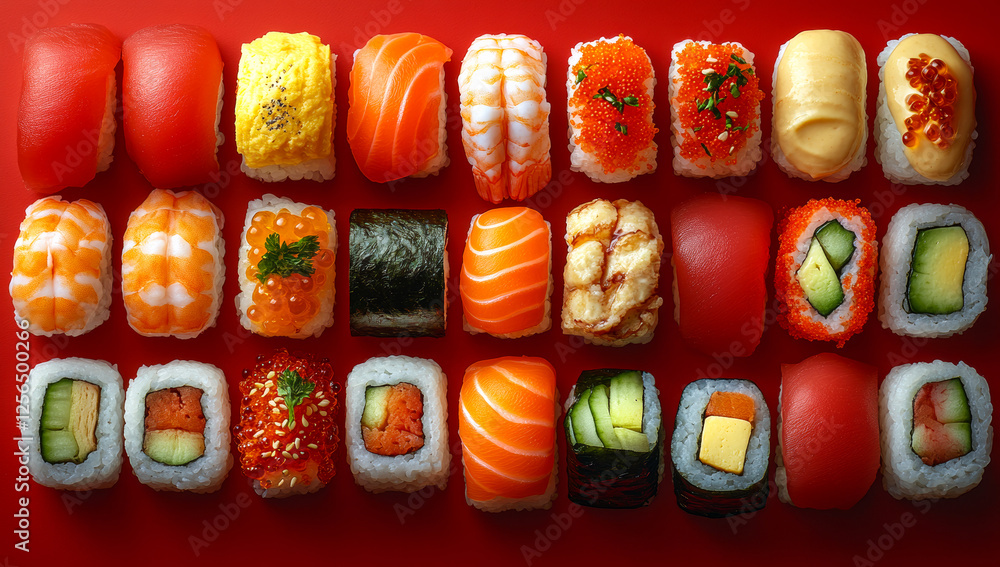 Poster a plate of sushi with many different types of sushi rolls. the sushi is arranged in a row and is col