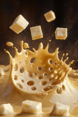 High-resolution image of caramelized cheese cubes bursting into a dynamic display, with the focus on the golden, melty texture and the joyful sensation of indulgence.