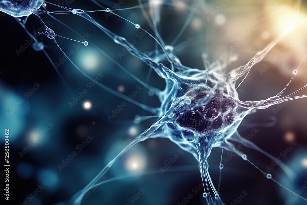 Poster a mesmerizing 3d render of a neuron, showcasing its intricate structure and interconnected network. 
