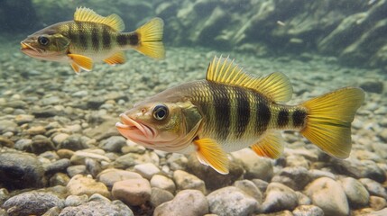 Fototapeta premium Two fish swimming in a river with rocks on the bottom.