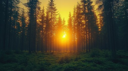 Obraz premium A serene forest scene at sunset, with sunlight filtering through the trees.