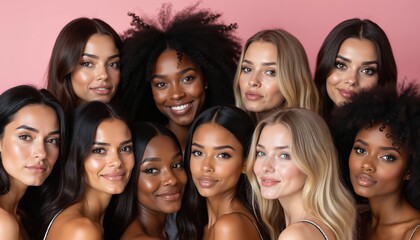 Obraz premium Eight diverse women pose together, smiling directly at camera. Group beauty photo features various skin tones, hair styles in studio. Perfect for beauty, diversity, inclusion, make-up, skin care