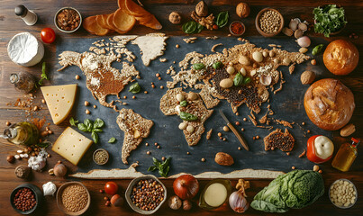 World map crafted from diverse global foods; grains, nuts, cheeses, and breads arranged artistically. A delicious culinary journey around the globe!