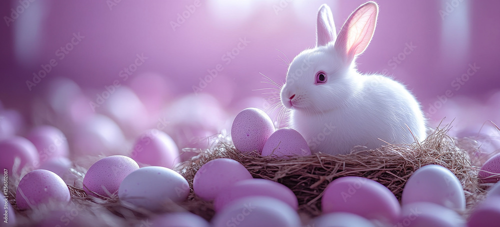 Poster a white rabbit is sitting on a nest of pink and white eggs. the image has a playful and whimsical mo