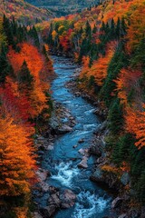 Stunning fall foliage along a winding river, surrounded by dense forests.