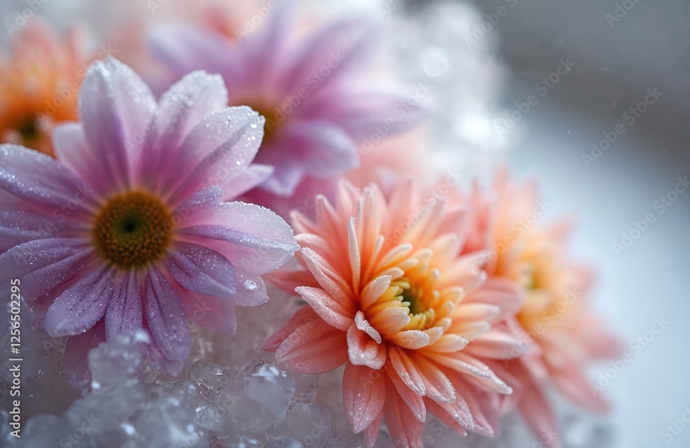 Poster abstract art background with frozen summer flowers and ice. violet and orange color. glace water tex