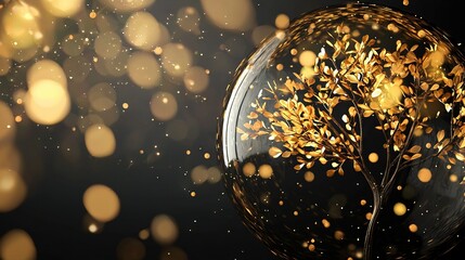   A clear image shows a small glass sphere enclosing a tree against a dark backdrop, accented with shimmering gold highlights