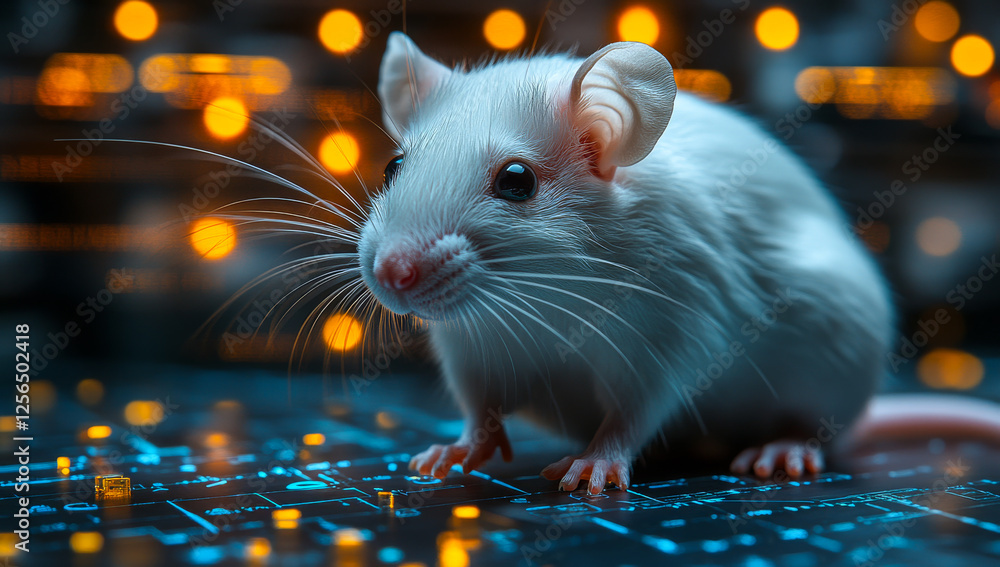 Poster a white mouse is standing on a black keyboard. the mouse is looking at the camera with a curious exp