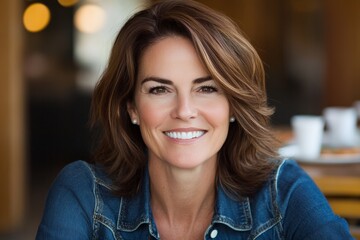 Obraz premium Smiling mature caucasian female in denim jacket indoors