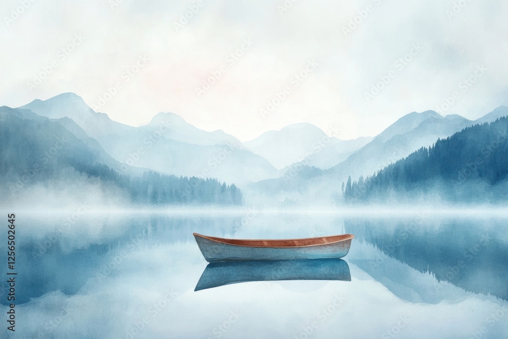 Poster serene watercolor scene of a lone rowboat drifting on a calm mountain lake surrounded by misty peaks