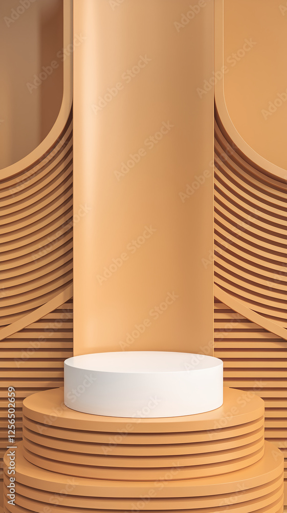 Poster A minimalistic promotional product display on a circular podium with concentric layers, showcasing a modern and clean design, ideal for marketing and branding purposes.