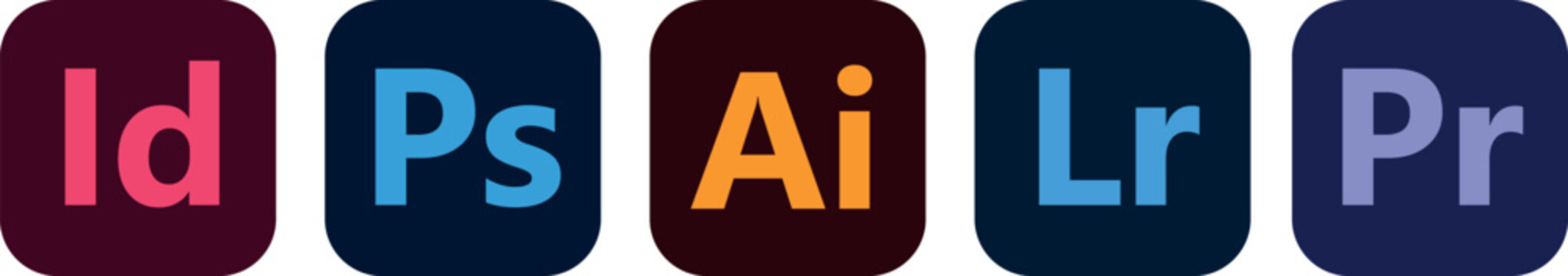 Adobe software logo set featuring variations of Illustrator, Photoshop, Lightroom, and Premiere Pro. Editorial use only.