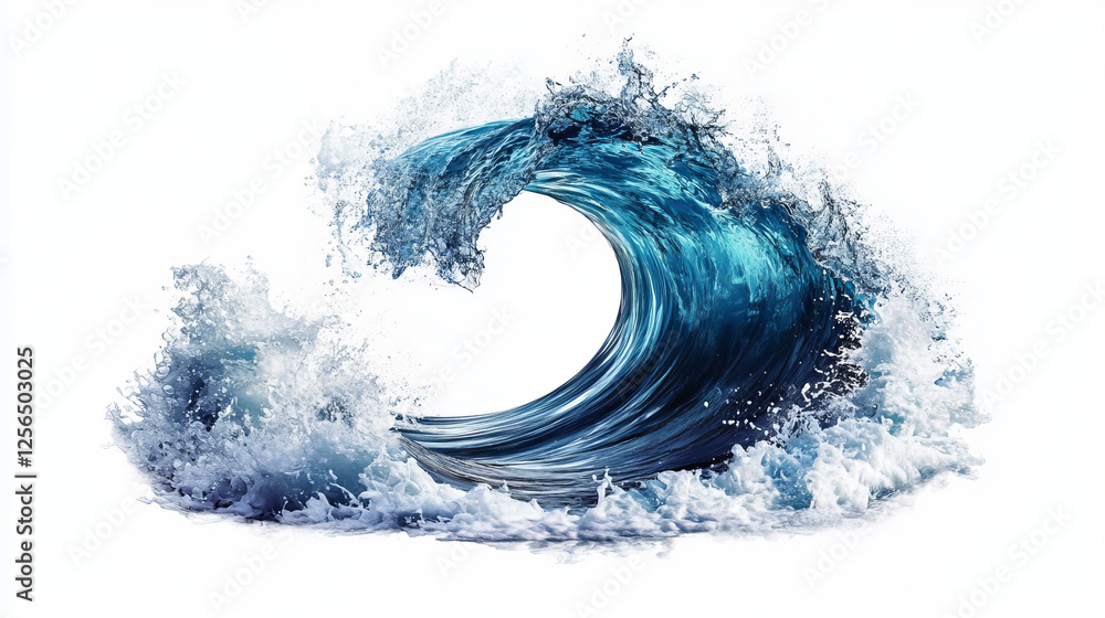 Poster blue wave of stormy ocean with water swirls and curly drops on the crest isolated on white backgroun