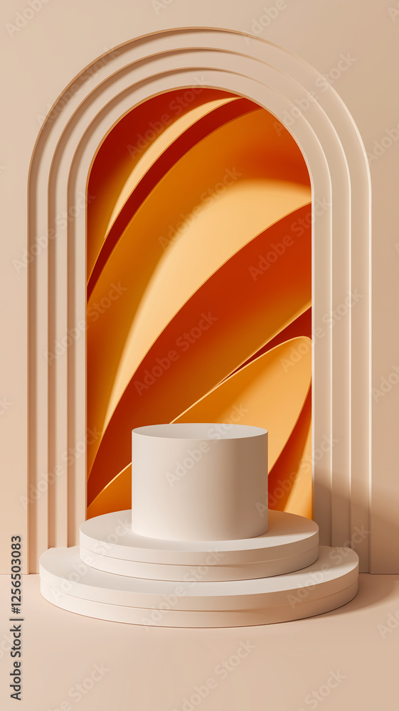 Aufkleber Minimalistic stage display with a circular platform and soft orange backdrop, ideal for showcasing products or for use in promotional events with a clean, modern aesthetic.