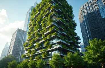 Fototapeta premium Modern eco skyscraper with green vertical gardens, trees on balconies. Sustainable glass building in urban city environment. Energy-saving architecture, corporate property. Smart facades with