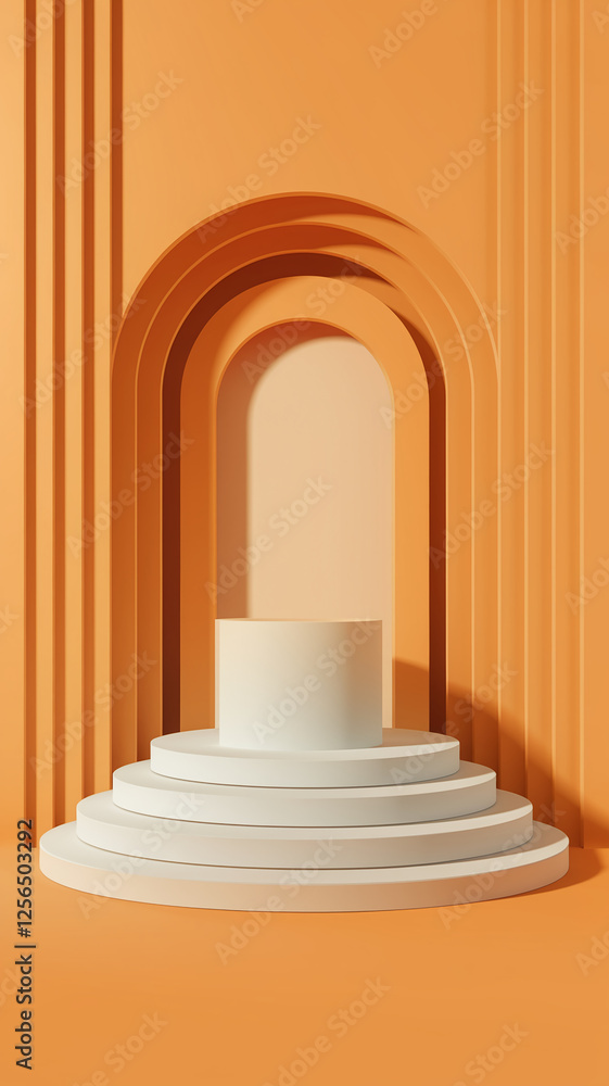 Poster a minimalistic promotional stage with a white circular platform in front of an orange and beige abst