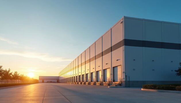 Modern industrial warehouse building with loading docks at sunset. Empty parking lot. The golden hour light reflects on the facade. Logistics, freight, and distribution business background.