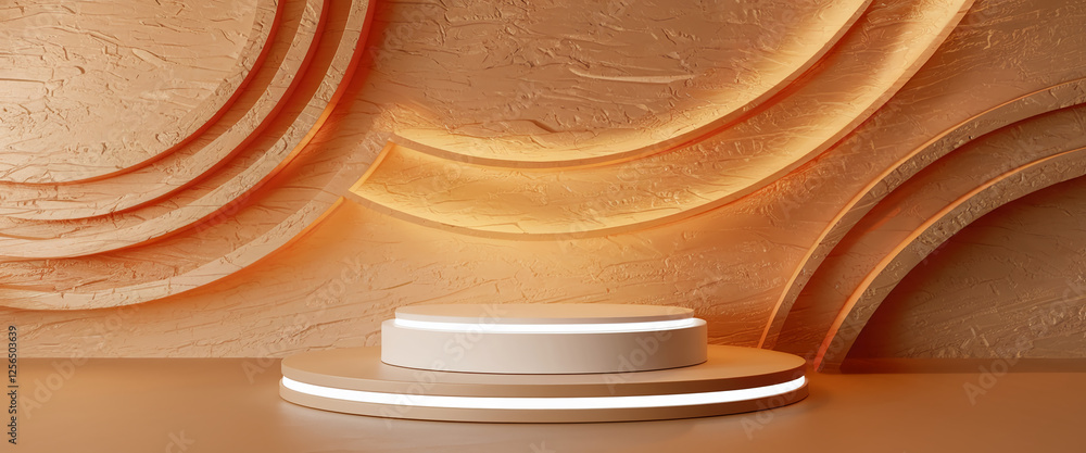 Poster a modern promotional product display with a circular platform in front of an abstract textured orang