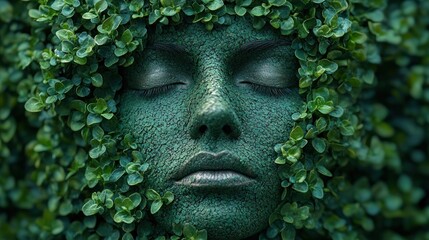 Fototapeta premium Serene green face blending with lush foliage, evoking nature's beauty and tranquility in a forest